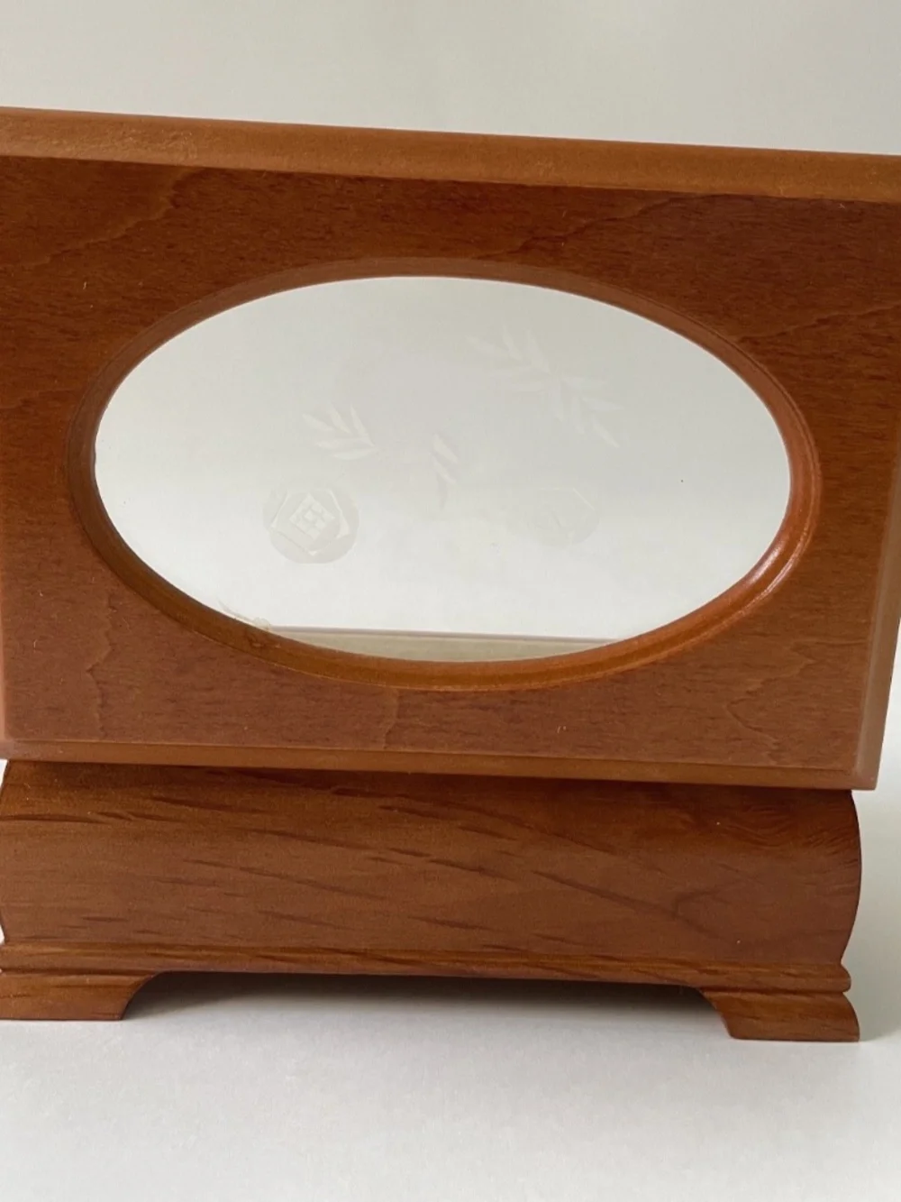 Vintage Small Wood Jewelry Box Glass Lid Etched Flower Design Trinket Box